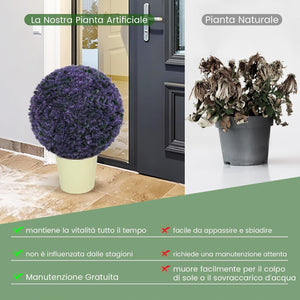 Set di 2 Piante Artificiali a Sfera di Bosso 38 CM, Palline Decorative Viola, Sfera Topiarie per Giardino, Portico, Balcone e Matrimonio