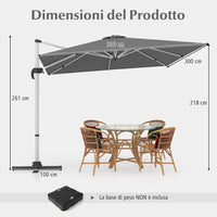 Ombrellone da Giardino 300 cm, Ombrellone Quadrato da Esterno con Rotazione a 360°, Inclinazione Regolabile, Base a Croce, 8 Stecche (Grigio, 300 x 300 x 261 cm)