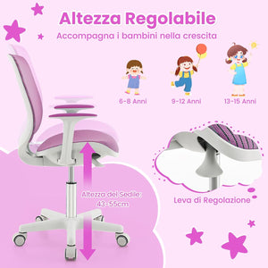 Sedia da Scrivania per Bambini, Sedia Girevole per Computer con Altezza Regolabile, Ruote con Freno, Braccioli Morbidi, Mobile Ergonomica per Bambini 6-15 Anni (Viola)