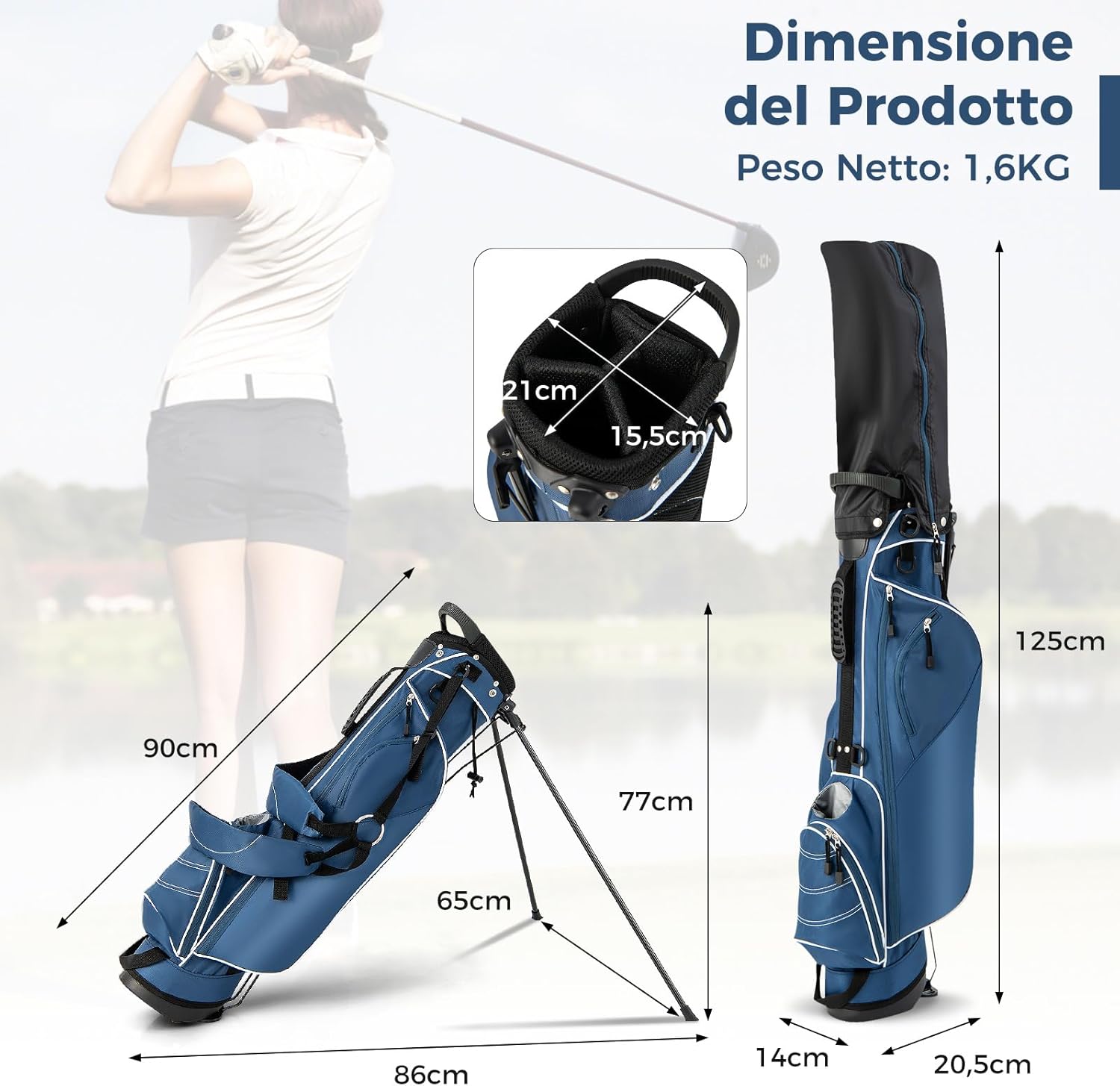 Sacca da Golf con Supporto, Borsa da Golf a 4 Scomparti con 4 Tasche con Cerniera, Borsa Frigo, Tracolla Doppia, Cappuccio Antipioggia, Supporto per Ombrellone