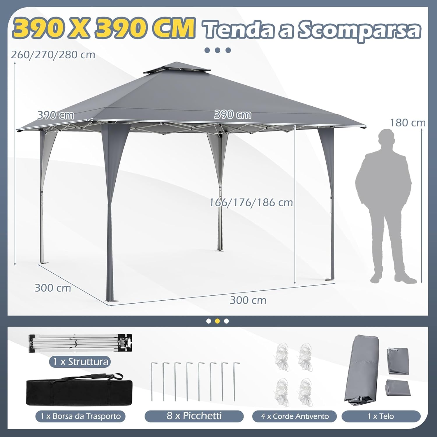 Tenda Pop-up Esterno 4x4 m Doppio Tetto, Gazebo da Giardino Altezza Regolabile con Fori di Drenaggio, Tenda da Giardino Antivento Facile da Montare con Borsa di Trasporto (Grigio)