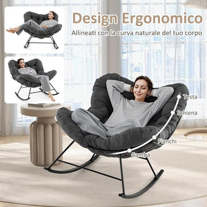 Sedia a Dondolo, Poltrona Relax Ergonomica, Poltrona Sovradimensionato con Cuscino Imbottito, Sedia a Uovo con Struttura Metallica, per Soggiorno Portico Giardino, Portata 205 kg (Grigio)