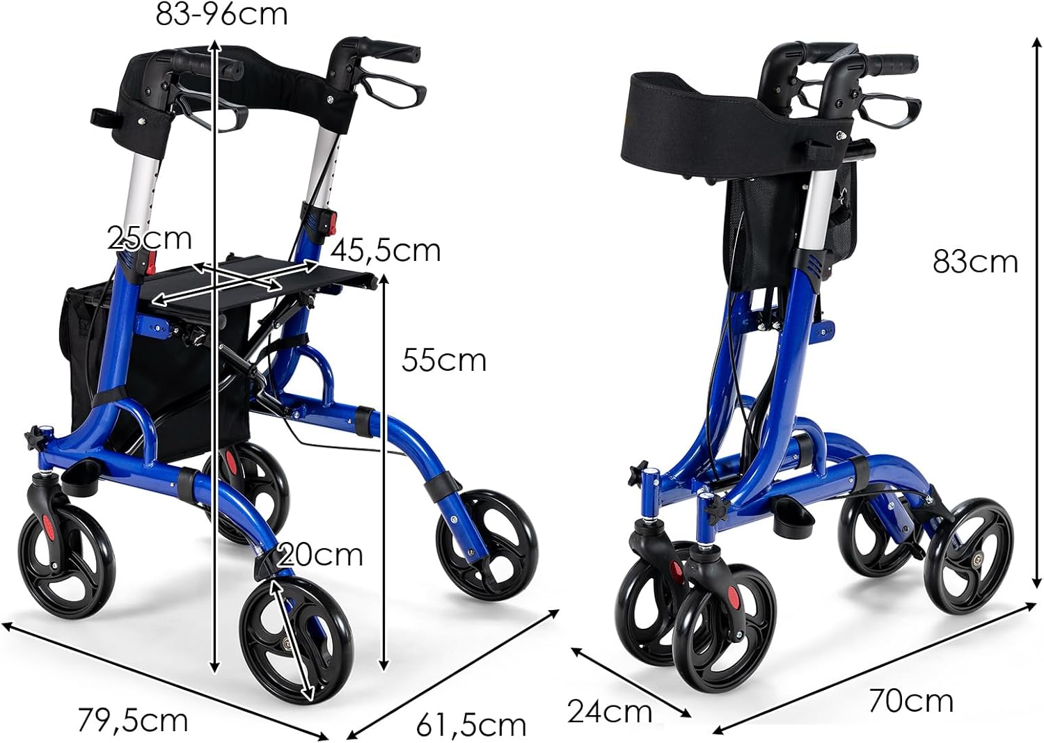 Deambulatore con Seduta 2 in 1, Rollator Pieghevole, Deambulatore per Anziani con 4 Ruote, Maniglie Regolabili Freni, con Doppia Funzione Schienale Reversibile e Borsa Portaoggetti (Blu)