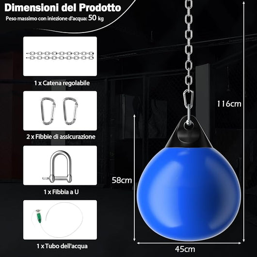 Sacco da Boxe per Bambini ed Adulti 50 kg, Sacco da Boxe ad Acqua con Catena Metallica Regolabile, Ganci, Fibbie di Assicurazione e Tubo dell’Acqua