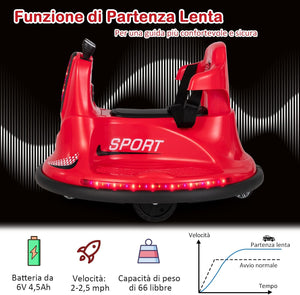 6V Autoscontro Elettrico per Bambini, Veicolo Elettrico con Telecomando, Girevole a 360°, Luci LED Colorate e Cintura di Sicurezza Regolabile, 37-95 Mesi (Rosso)