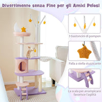 Albero per Gatti da 158 cm, Torre per Gatti Multi-livello Viola con Scala, Pali Graffiati Rivestiti di Sisal, Piattaforme, Giocattoli a Stella Pendenti e Cuccia