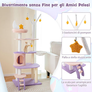 Albero per Gatti da 158 cm, Torre per Gatti Multi-livello Viola con Scala, Pali Graffiati Rivestiti di Sisal, Piattaforme, Giocattoli a Stella Pendenti e Cuccia