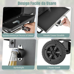 Barbecue a Carbone da Esterno a 2 Livelli, Barbecue all'Aperto in Metallo con 2 Ruote, 2 Tavolini Laterali a Ribalta, 8 Ganci, Ideale per Picnic, Campeggio, 128 x 54 x 117 cm