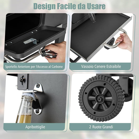 Barbecue a Carbone da Esterno a 2 Livelli, Barbecue all'Aperto in Metallo con 2 Ruote, 2 Tavolini Laterali a Ribalta, 8 Ganci, Ideale per Picnic, Campeggio, 128 x 54 x 117 cm