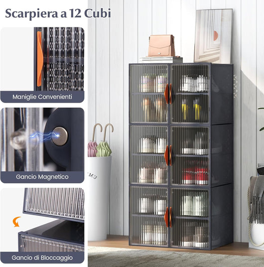 Cubi di Stoccaggio con Coperchi, 6 Pezzi di Contenitori di Plastica Pieghevoli con Porte, Organizzatore di Scarpe Impilabile per Organizzare Abiti Giocattoli, 49x32x113 cm