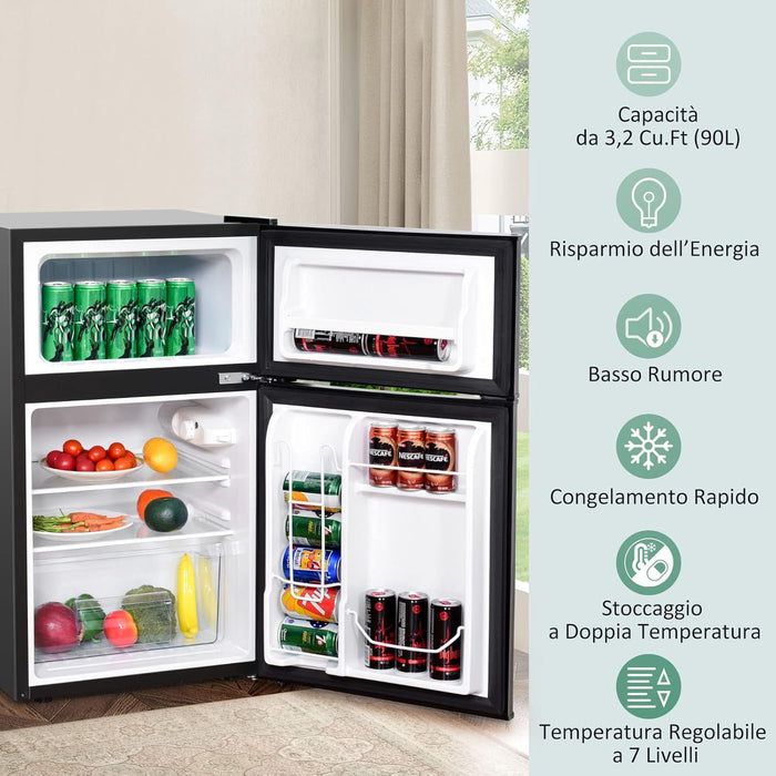 Frigorifero 90 L (27+63), Freezer Separato con 2 Ante e Luce LED, Refrigerazione Rapida, Silenzioso, Mini Frigo per Ufficio Casa Bar Hotel, 220-240 V/50 Hz (Grigio) [Classe di efficienza energetica E]