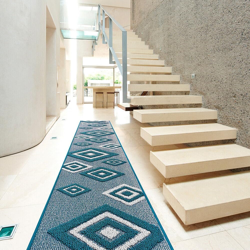 Tappeto Cucina Rombi .3D 57x40 Cm Assorbente Morbido Moderno Antiscivolo Blu