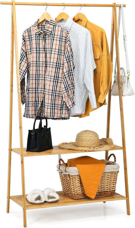 Stand Appendiabiti in Bambù, Rella Appendiabiti con 2 Ripiani, Salvaspazio e Resistente, Ideale per Ingresso Camera da letto, Naturale