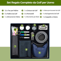 Set Completo da Golf, Tee da Golf, Asciugamano, Cintura da Golf, Cappello da Golf, Attrezzo per Divot, Segnapallina & Borsa Portaoggetti, Scatola Regalo Golf per Uomo e Donna