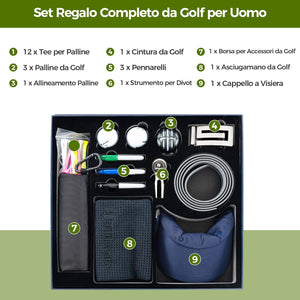 Set Completo da Golf, Tee da Golf, Asciugamano, Cintura da Golf, Cappello da Golf, Attrezzo per Divot, Segnapallina & Borsa Portaoggetti, Scatola Regalo Golf per Uomo e Donna