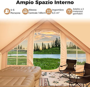 Tenda da Campeggio Gonfiabile, Tenda da Campeggio in Tessuto Oxford per 4-6 Persone con Pompa, Finestre a Rete, Porte e Borsa da Trasporto, 300 x 210 x 197 cm