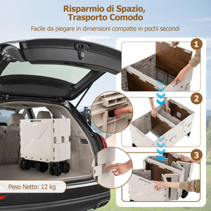 Carrello da Spiaggia Pieghevole 150 L, Carrello con Ruote Portatutto con Armadio a 2 Livelli e Manico Telescopico in Metallo, Carretto Giardino Portatile per Campeggio, Portata 120 kg (Bianco)