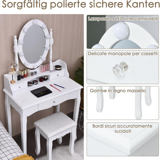 Toeletta da Trucco, Set Tavolo e Sgabello da Trucco, Specchio con 10 Luci LED, Toeletta Multifunzionale con 3 Cassetti, Specchio Rotante a 360?, Postazione Make-up Moderno (Bianco)