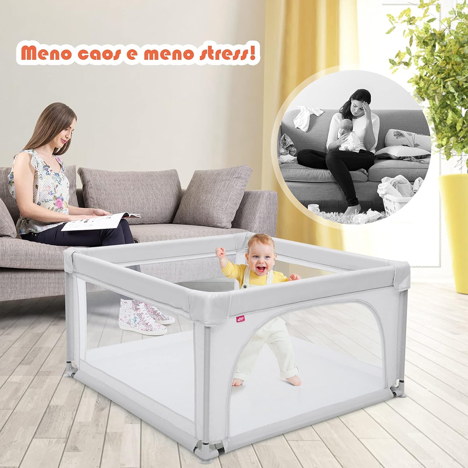 Box per Bambini, Centro Attivit¨¤ Portatile con Cancelli di Sicurezza, con Ventose Antiscivolo, Pareti a Rete Traspirante e 2 Anelli per Bambini, Cancello per Giocare con Palline (Grigio)