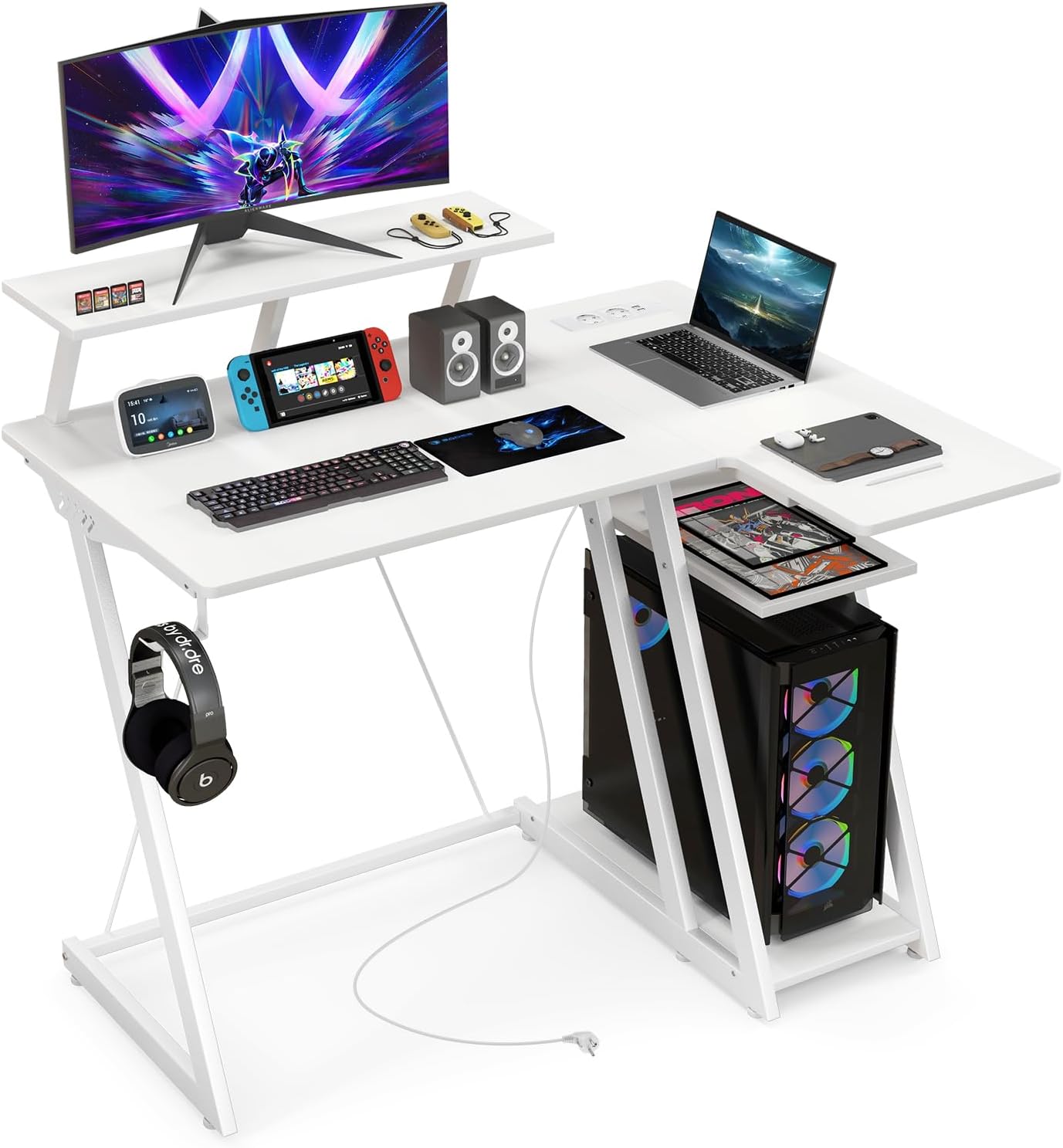 Scrivania Angolare Salvaspazio, Scrivania da Gaming con Prese, Porte USB, Ripiano per Monitor, Gancio per Cuffie, Ripiano e Supporto per CPU, Scrivania ad Angolo per Casa e Ufficio (Bianco)