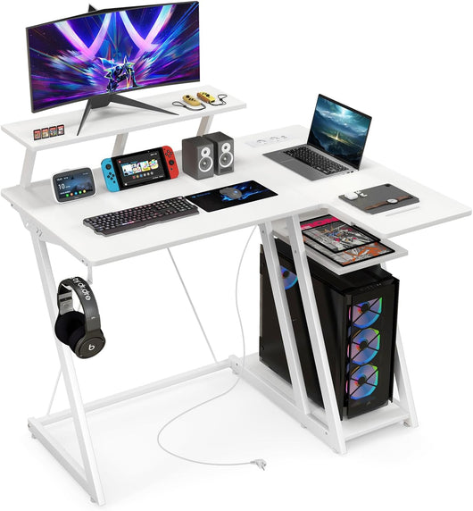 Scrivania Angolare Salvaspazio, Scrivania da Gaming con Prese, Porte USB, Ripiano per Monitor, Gancio per Cuffie, Ripiano e Supporto per CPU, Scrivania ad Angolo per Casa e Ufficio (Bianco)
