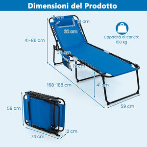 Sedia a Sdraio Pieghevole, Lettino da Giardino con Schienale a 4 Livelli, Tasca Laterale e Poggiatesta Staccabile, Ideale per Giardino, Piscina, Campeggio, Portata 150 kg (Blu)