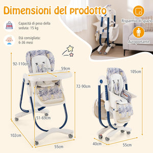 Seggiolone Pappa per Bambini e Neonati, Seggiolone Pieghevole Multifunzione con Ruote, Altezza Regolabile, Poggiapiedi e Schienale, Vassoio Rimovibile, per 6-36 Mesi (Blu)