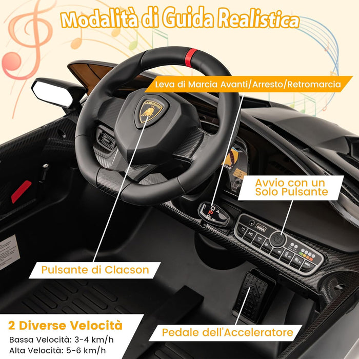 Lamborghini Macchina Elettrica per Bambini, Auto Elettrica Cavalcabile con Telecomando Luci LED, 3 Velocità, 3-6 km/h, Modalità Dondolo, per Bambini 3-8 Anni (Nero)
