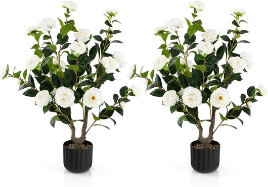 Albero di Camelia Artificiale da 95 cm, Pianta Artificiale con Fiori Finti in Vaso di Cemento, Decorazione per Casa e Ufficio (Bianco)