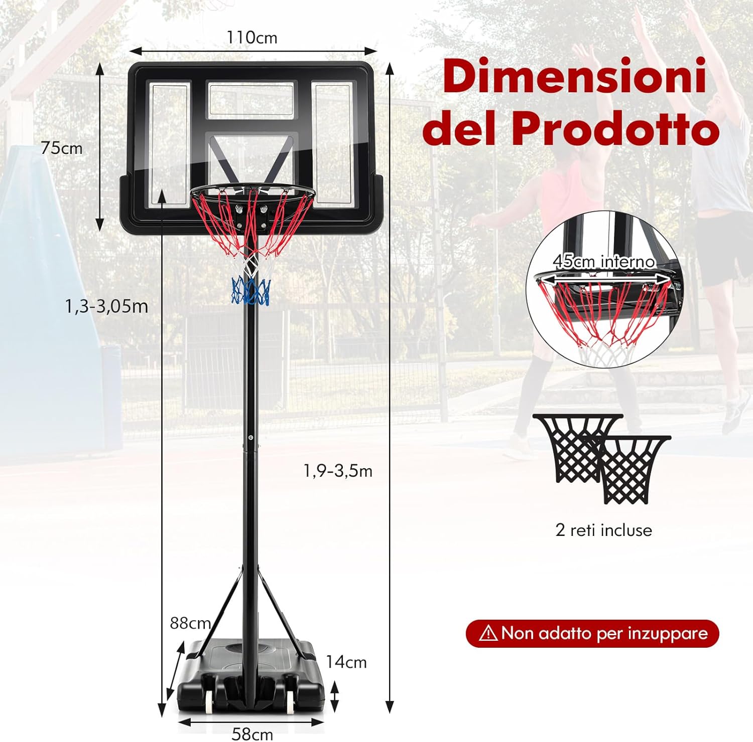 Canestro da Basket Regolabile in Altezza 130-305 cm, Resistente alle Intemperie con Tabellone da 110 cm, Canestro da Basket da Esterno ed Interno per Adulti e Adolescenti