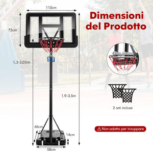 Canestro da Basket Regolabile in Altezza 130-305 cm, Resistente alle Intemperie con Tabellone da 110 cm, Canestro da Basket da Esterno ed Interno per Adulti e Adolescenti