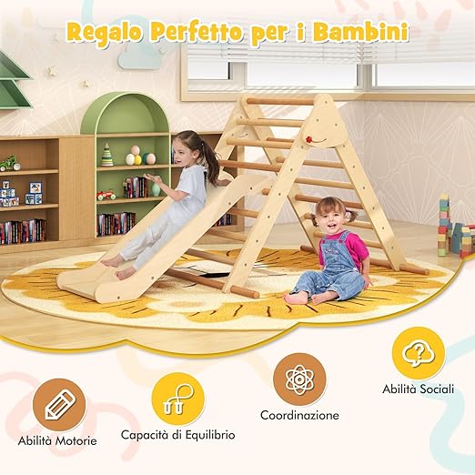 3 in 1 Arrampicata Giocattolo a Triangolo per Bambini, Set di Arrampicata con Rampa di Scivolo a 2 Lati e Inclinazione Regolabile, Arrampicatore per Bambini 1 Anno+ (Stile 2 Naturale)