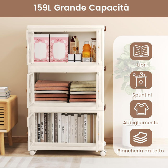 Scatole Immagazzinaggio Impilabili e Pieghevole con Ruote, Armadietto a 3 Ripiani con Ante e Coperchio, Contenitore Trasparente per Camera da Letto e Soggiorno, Bianco (59,5 x 35,5 x 99 cm)