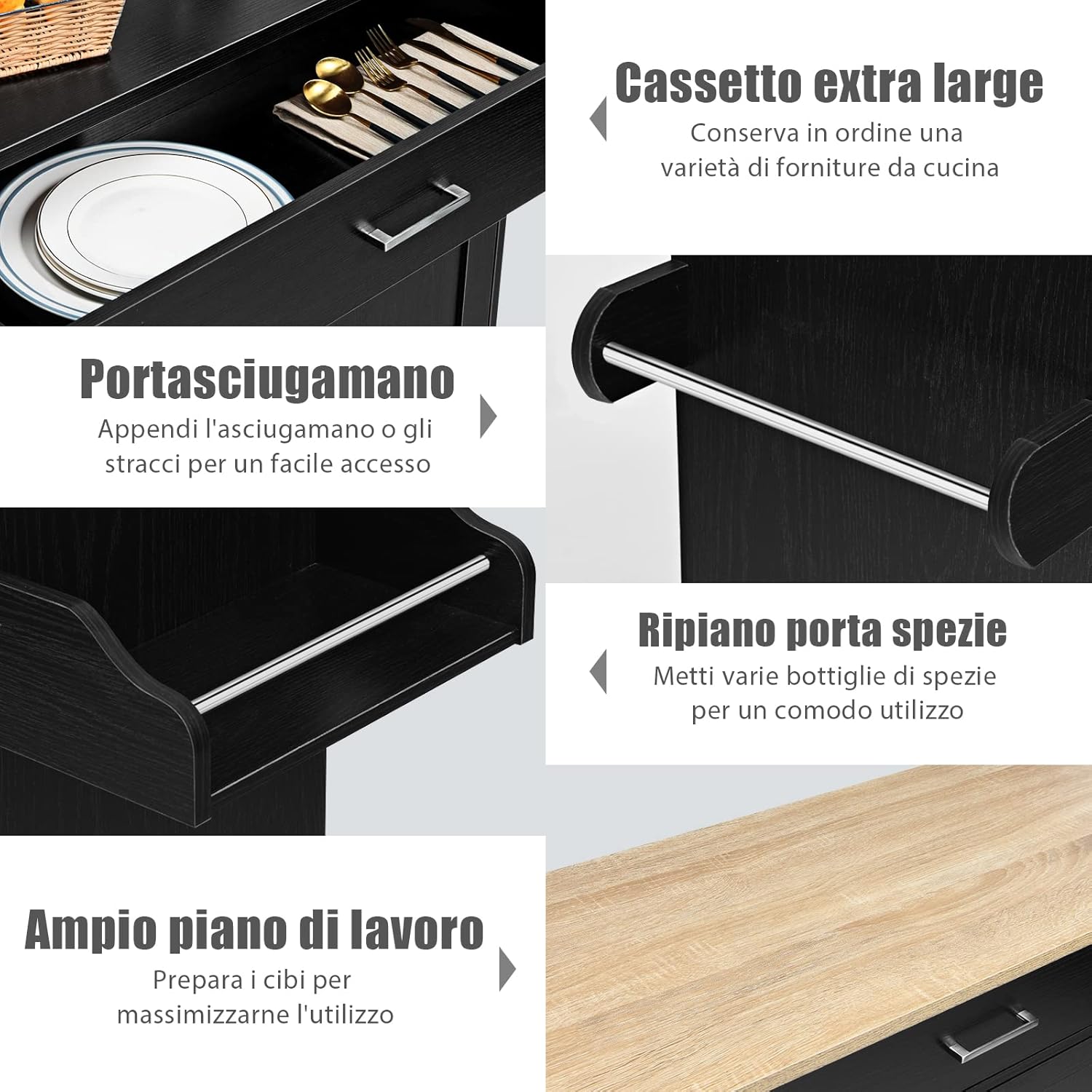 Carrello da Cucina con Ruote di Gomma, Scaffale per Microonde Carrello Servizio, Credenza Cucina Legno Moderno Elegante, 116 x 37 x 85 cm (Nero)