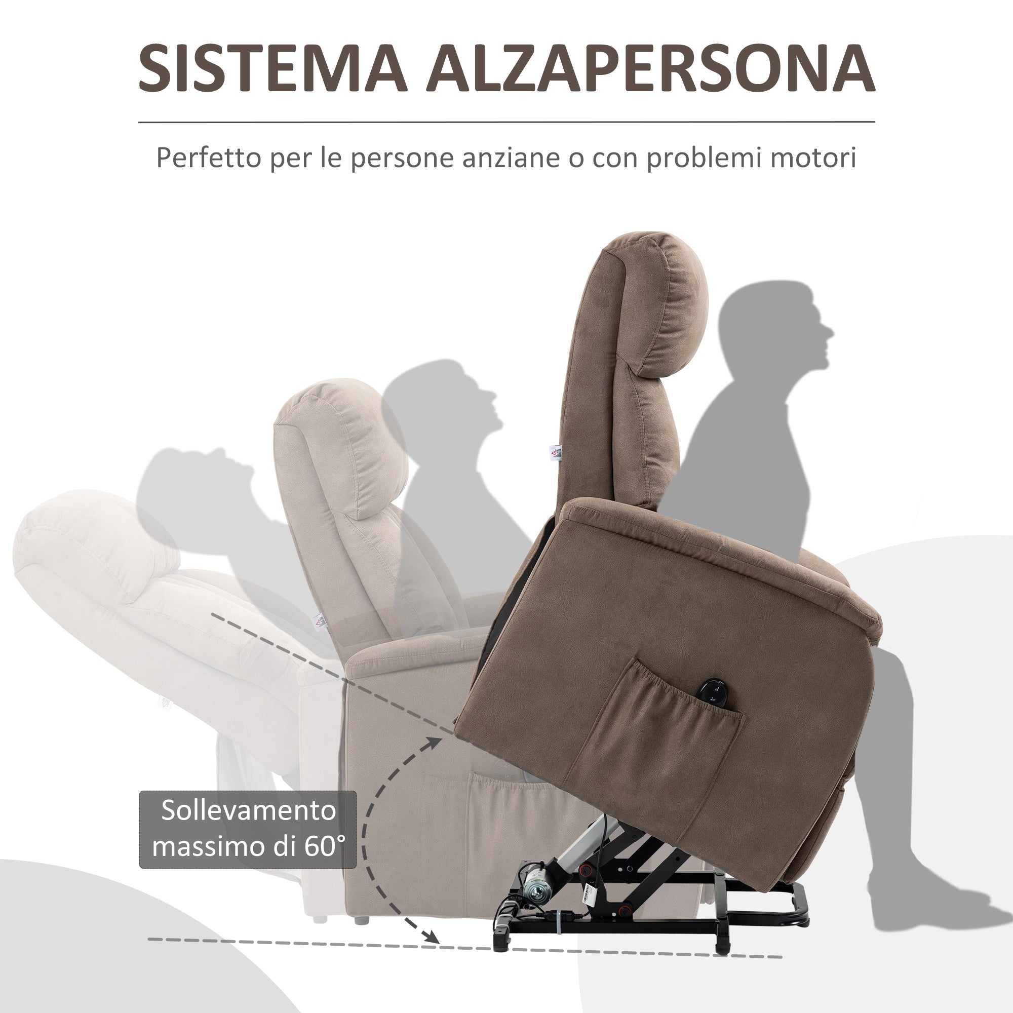 Easycomfort Poltrona Alzapersona Reclinabile 150° max con Telecomando e Poggiapiedi, 75x93x110 cm, Marrone