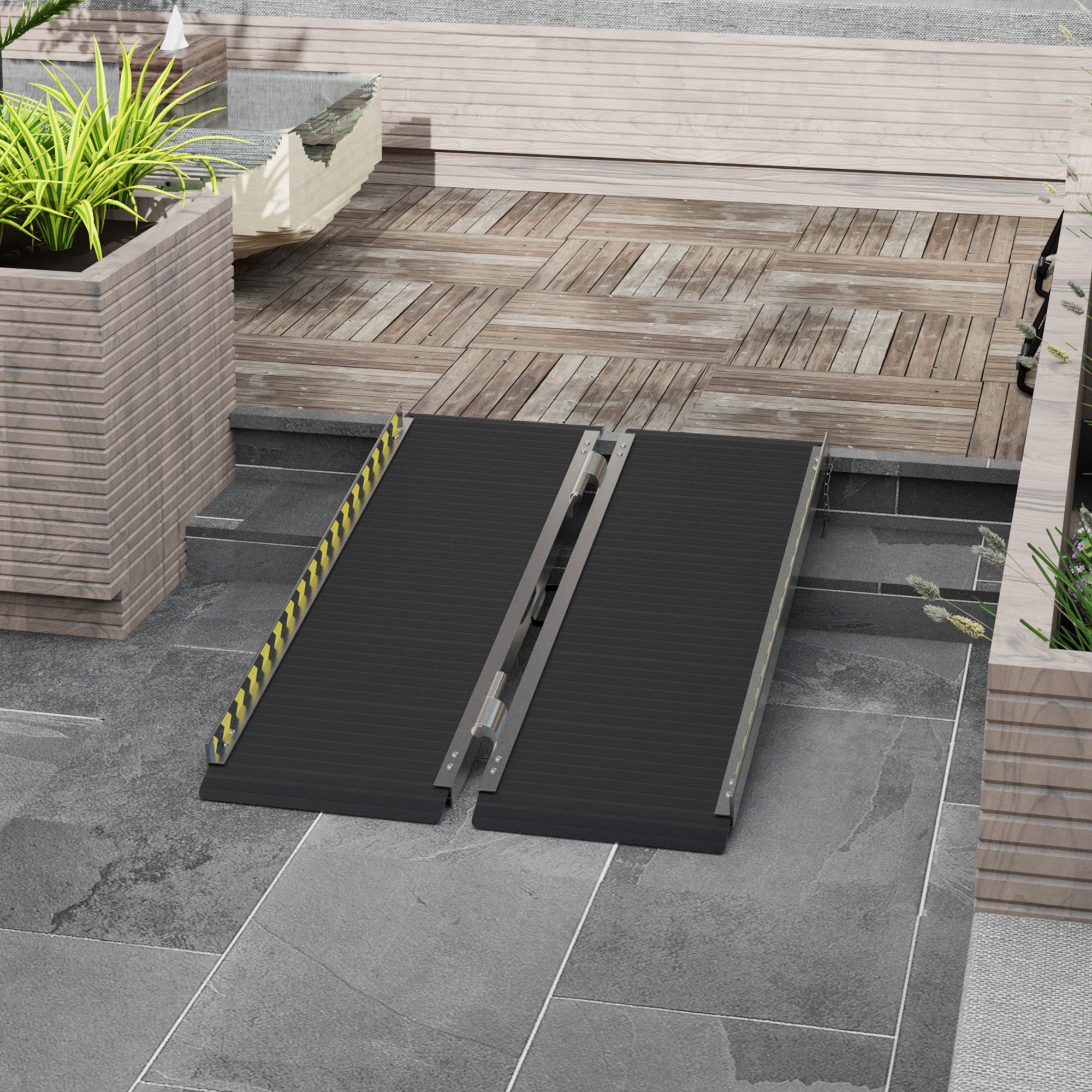 Easycomfort Rampa per Sedia a Rotelle Pieghevole in Alluminio con Deflettori e Adesivi, 122x73.6x5.1 cm, Nero