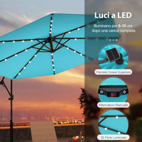 Ombrellone da Giardino ∅300 cm con 32 Luci LED, Ombrellone Prendisole con Rotazione di 360°, Inclinazione Regolabile, 8 Stecche, Manovella, per Giardino Piscina Cortile (Turchese)
