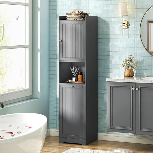 Mobile da Bagno, Armadietto Alto in Legno con Ripiano Regolabile, Cestino per Portabiancheria con Maniglie e Mensola Aperta, 40 × 40 × 170 cm, per Bagno e Cucina (Grigio)