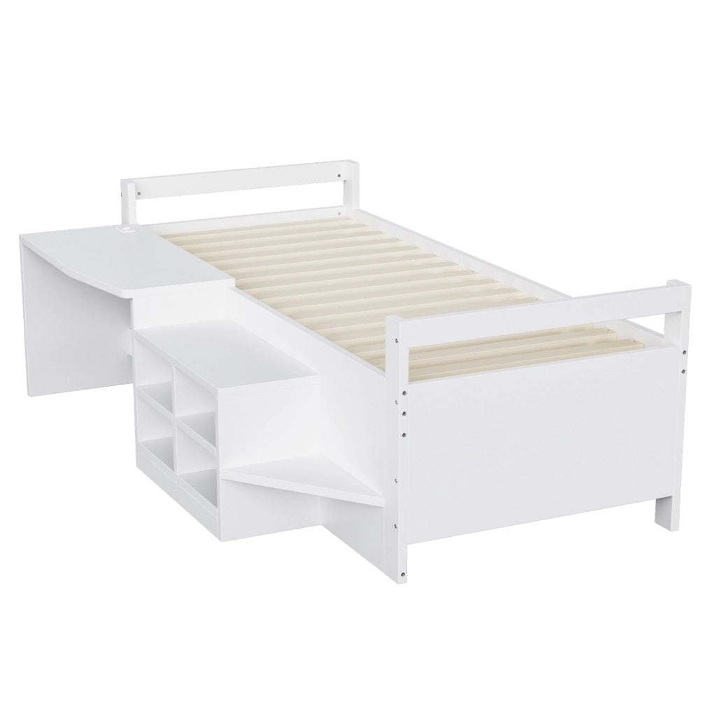 Letto multifunzionale 90x200 cm con scrivania, vani contenitore e prese
