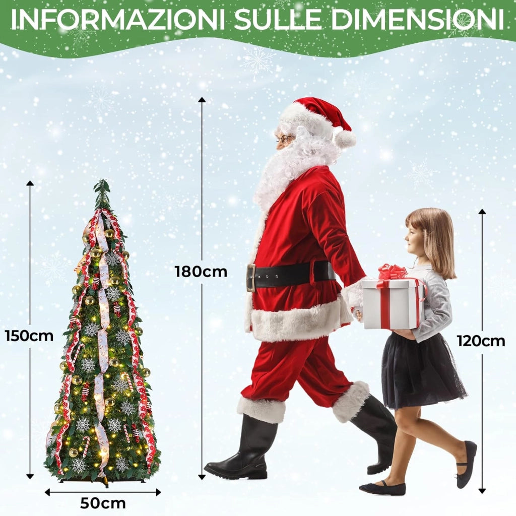 150cm Albero di Natale Pop Up, Albero di Natale Artificiale con 120PCS Luci LED, 11 Modalità di Illuminazione, Albero di natale Pieghevole, Salvaspazio, con Palline di Natale, Nastri