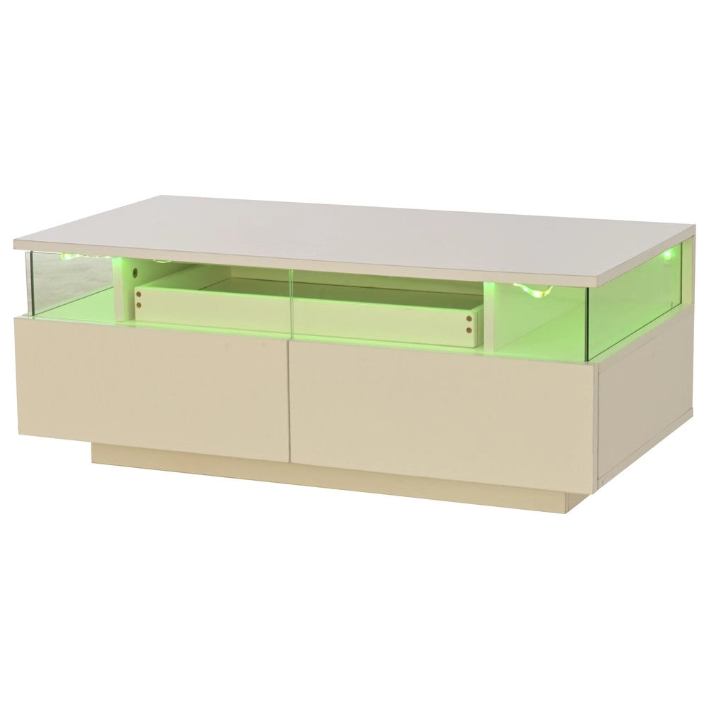 Tavolino da Caff¨¨ con LED e Cassetti ¨C MINIMAL ¨C Vetro Temperato, Bianco, 90x45x35.5