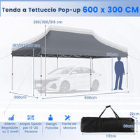Gazebo Pieghevole da Giardino 3 x 6m, Gazebo Pop-up con Borsa da Trasporto, Regolabile in Altezza, per Feste (Grigio)