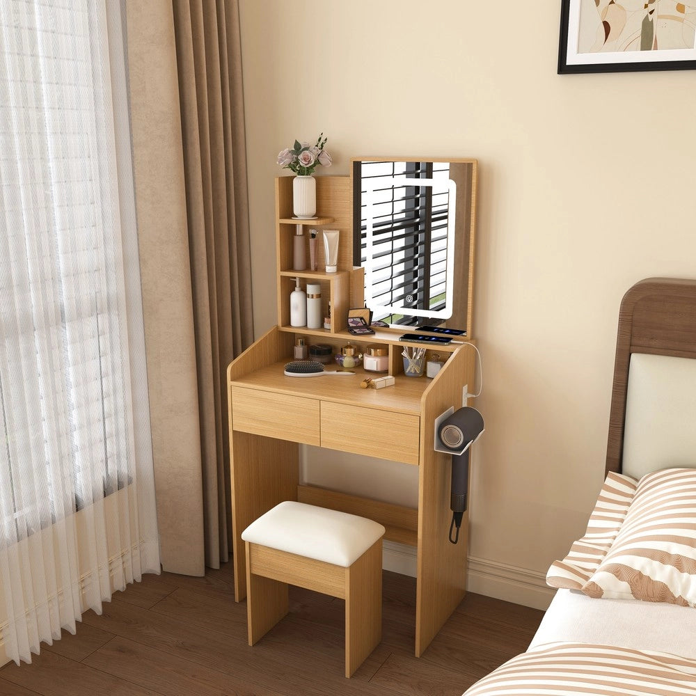 Tavolo Trucco con Specchio LED e Sgabello Imbottito ¨C Xylo ¨C Legno, 60x36x130 cm
