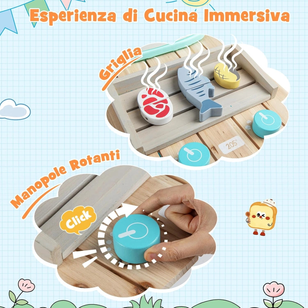 Cucina Giocattolo per Bambini, Cucinatta in Legno da Esterno con 2 Ruote, Griglia, Manopole Girevoli, Lavandino e Rubinetto, Cucina da Fango Interattiva con Accessori per Bambini 3+ Anni