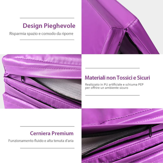 Tappettino da Ginnastica Pieghevole 240 x 116 x 5 cm, Tappetto Palestra da Terra con Maniglie Portatile, Materassino da Allenamento per Fitness e Yoga (Viola)