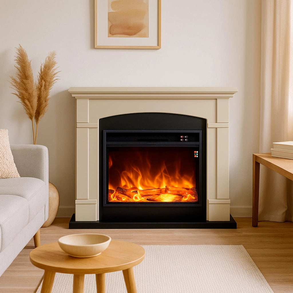 Caminetto Fuego Monica Beige a Parete Con Cornice Telecomando e Bruciatore 1500w Beige