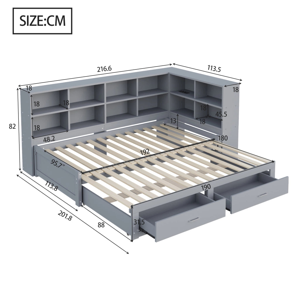 LETTO Multifunzione Estraibile 90/180x190 cm Legno Grigio con cassetti