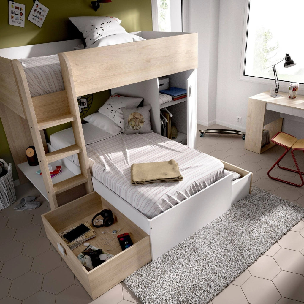 Letto per bambini Pax, Cameretta completa con armadio e cassetti, Composizione letto a castello con due lettini singoli, 255x112h150 cm, Bianco e Rovere