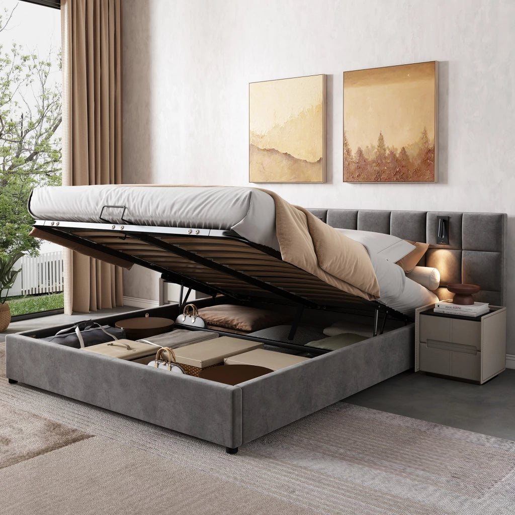 Letti contenitori 180x200 cm; contenitore con luce da lettura USB; acciaio grigio (Senza materasso)