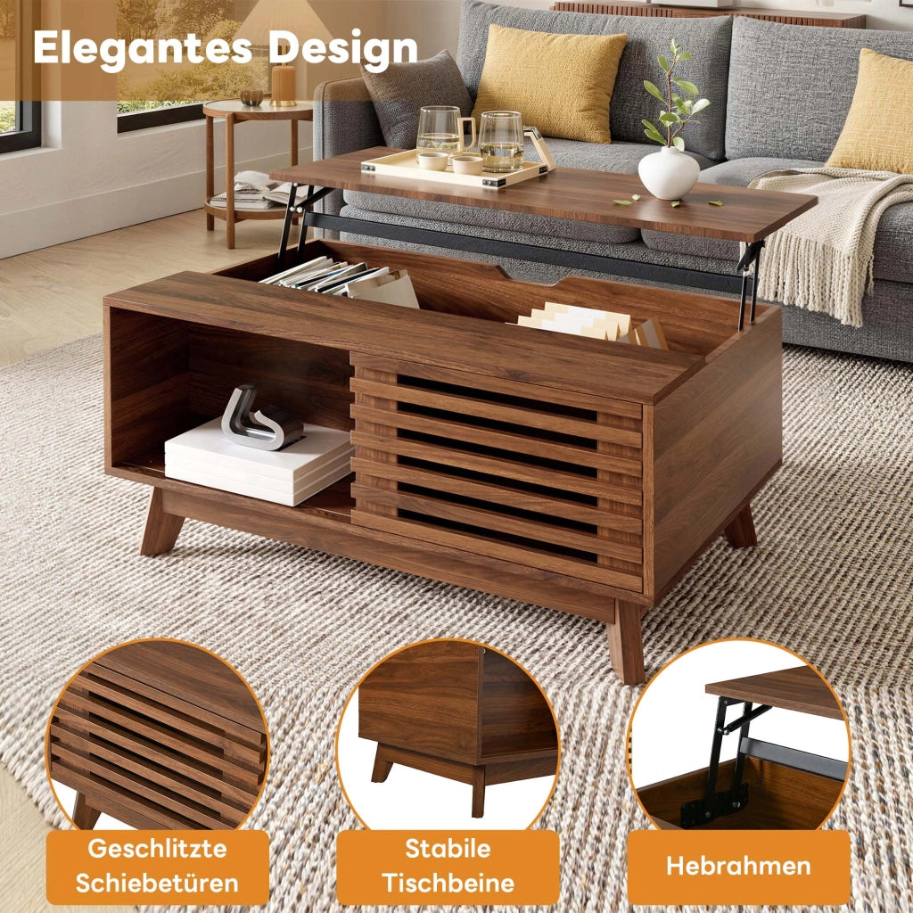 Tavolino basso con piano sollevabile e porta a persiana scorrevole per soggiorno in MDF noce 90 × 55 × 57,5 cm